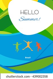 Hello Summer festive background, cover brochure with group kids jumping on abstract colorful sea background. Rio Summer Games, 2023 Brazil. Rio Vector Sport Camp for Art, Print, Web design advertising