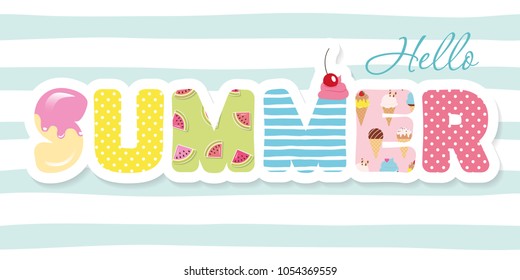 Hello summer festive letters. For posters, flyers. Patterns are full under clipping mask.