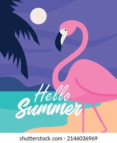 hello summer, flamingo in beach card