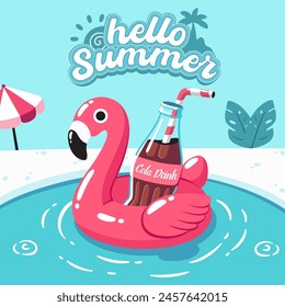 Hello Summer Flamingo float ring with cola drink flat background