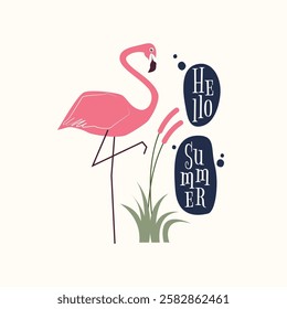 Hello Summer with flamingo and marsh grass suitable for t-shirt, poster, card and other.