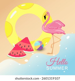 Hello summer. Flamingo on a pink background of the sea.