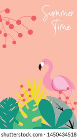 Hello summer flamingo poster and background logo template 