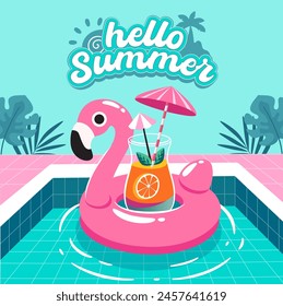 Hello Summer with flamingo swim ring and summer pool flat background