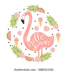 Hello summer. Flamingos, ice cream, watermelon. Vector illustration