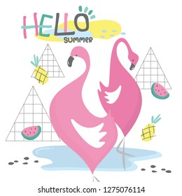Hello summer with flamingos, pineapple and watermelon vector illustration.