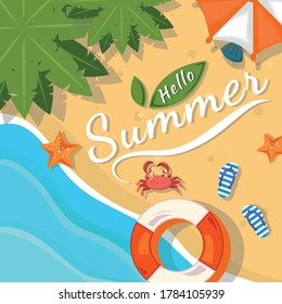 Hello summer in flat design background. Summer vector illustration banner design concept in beach.