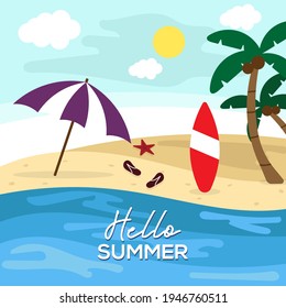 hello summer flat design, paradise beach design illustration template