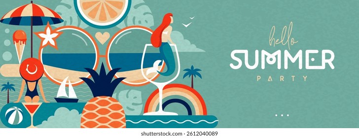 Hello Summer flat poster or banner with mermaid, cocktails, sunglasses, tropic fruits and rainbow. Vector illustration