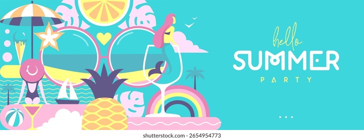 Cartel plano o Anuncio de verano con sirena, cócteles, gafas de sol, frutas tropicales y arco iris. Ilustración vectorial