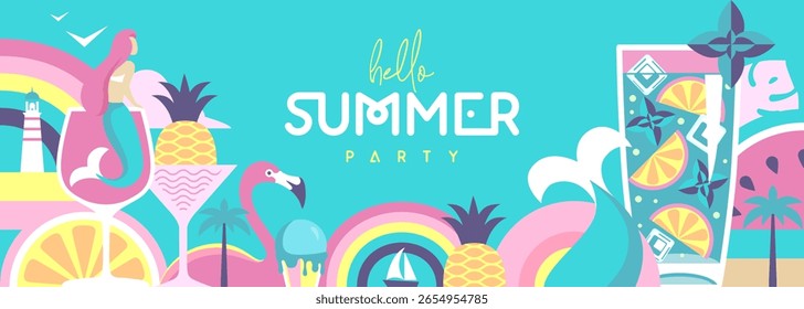 Hola Póster plano de verano o Anuncio con sirena, cóctel, sandía, flamenco y arco iris. Ilustración vectorial