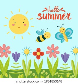 Hello summer. Flat vector illustration with meadow, cute insects, smiling sun and calligraphy phrase. Cartoon style.