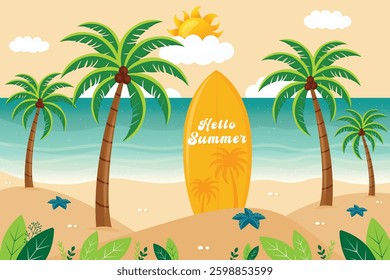 Hello Summer Flat Vector Illustration with Surfboard on Tropical Palm Beach.