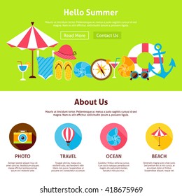 Hello Summer Flat Web Design Template. Vector Illustration for Website banner and landing page. Holiday Vacation Travel and Resort Header with Icons Modern Design.