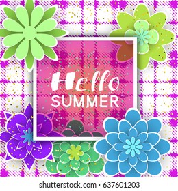 Hello Summer. Floral Background with Cut Paper Flowers illustrate the Greeting of the Summertime. Template for Banner, Card, Flyer, Logo, Poster, Label. Design Stock Illustrations, and Vector Art.