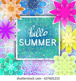Hello Summer. Floral Background with Cut Paper Flowers illustrate the Greeting of the Summertime. Template for Banner, Card, Flyer, Logo, Poster, Label. Design Stock Illustrations, and Vector Art.