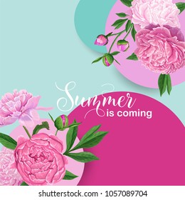 Hello Summer Floral Design with Pink Peony Flowers. Botanical Background for Poster, Banner, Wedding Invitation, Greeting Card. Vector illustration