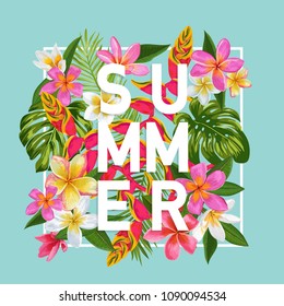 Hello Summer Floral Poster. Tropical Exotic Flowers Design for Banner, Flyer, Brochure, Fabric Print. Summertime Watercolor Background. Vector illustration