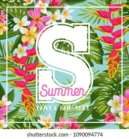 Hello Summer Floral Poster. Tropical Exotic Flowers Design for Banner, Flyer, Brochure, Fabric Print. Summertime Watercolor Background. Vector illustration