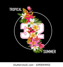 Hello Summer Floral Poster. Tropical Exotic Flowers Design for Sale Banner, Flyer, Brochure, T-shirt, Fabric Print. Summertime Watercolor Background. Vector illustration