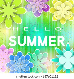 Hello Summer. Floral Vector with Cut Paper Flowers and Text illustrate the Greeting of the Summertime. Trendy Background. Template for Banner, Card, Logo, Poster, Emblem, Label. Illustrations Design