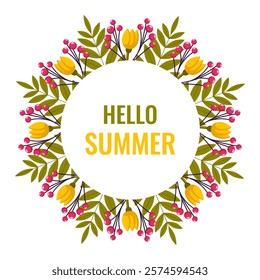 Hello Summer floral wreath. Vector illustration isolated on white background. Round sign, greeting card. This decorative design captures the essence of the summer season.