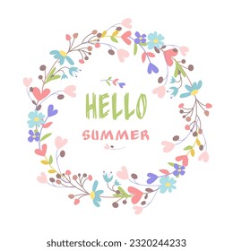 Hola banner de marco floral de verano. Herencia colorida con flores. Diseño de dibujos animados de vector plano. Leyenda de flores de estilo plano con fondo blanco con letras