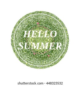 Hello summer flowerbed with flowers and butterflies, wavy grass decorated badge, hand-drawn vector illustration.