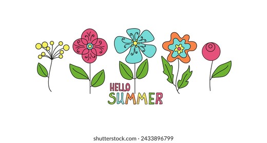 Hello summer. Flowers and inscription. Hand lettering for banner, card, poster. For colorful greeting card, invitation, seasonal summer holiday decor. Text and abstract flowers in doodle style