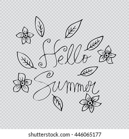   "Hello Summer" with flowers and leafs. Can be used as a poster, postcard invitation.