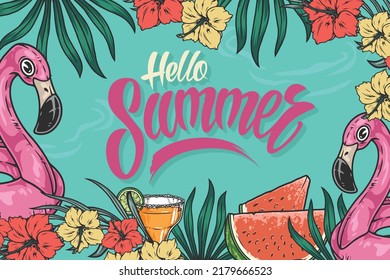 Hello summer flyer colorful vintage tropical decorations with inflatable flamingos for pool and exotic beach cocktails vector illustration