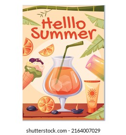 Hello summer flyer poster card set. Vector flat cartoon graphic design illustration