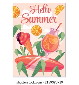 Hello summer flyer poster cover concept. Vector flat cartoon graphic design illustration