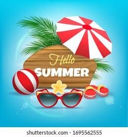 Hello summer flyer. Sea or ocean beach with holiday and vacation elements for party invitations vector poster