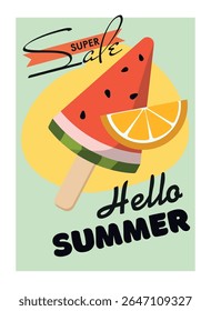 Hello Summer flyer template with watermelon and orange. Summer sale banner, menu poster design.
