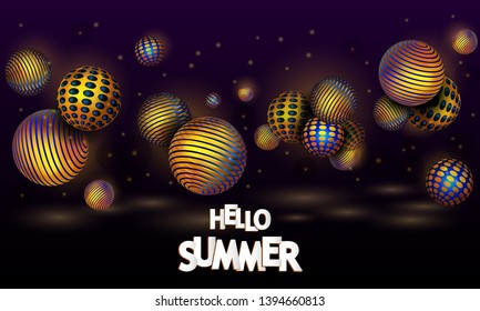 Hello Summer.  Flying Dynamic 3D Spheres Cluster. Futuristic Abstract  Background With Big Free Space For Your Advertising Or Your Message. Golden Bubbles. Modern cover design. 