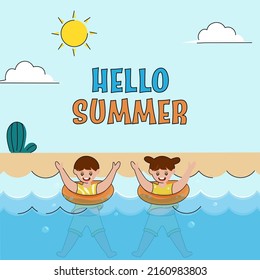 Hello Summer Font With Cheerful Kids Swimming Under Water And Sun On Blue Background