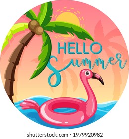Hello Summer font with flamingo swimming ring banner isolated illustration