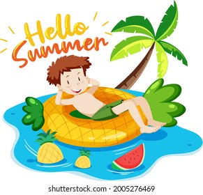 Hello Summer font with a happy man laying on swimming ring isolated illustration