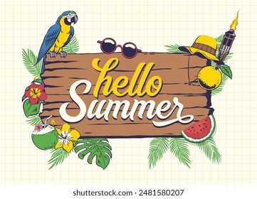 Hello Summer Frame Design with Parrot Perched on Wood