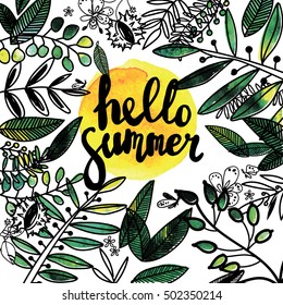 
Hello summer! Freehand drawing with paint drops. Branches, leaves, butterflies, beetles and fruit. Summer composition.