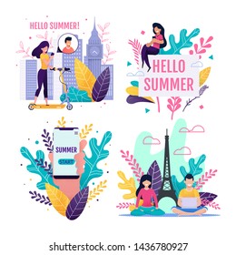 Hello Summer, Freelance and Vacation Cards Set. Media Pages Advertising Different Activities during Journey and Using Devices for Sharing Travel Moments. Vector Flat Illustration with Cartoon People