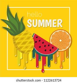 Hello summer fruit melting vector banner paper cut style.