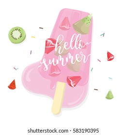 Hello summer with fruit popsicle on white background.
