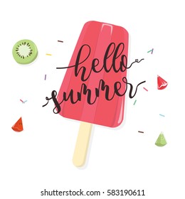 Hello summer with fruit popsicle on white background.