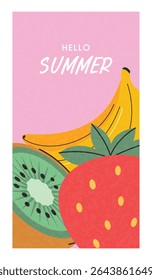 Hello Summer Fruit Vector Illustration, Banana, Kiwi, and Strawberry.