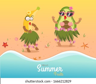 Hello Summer fruits with Hawaiian luau concept. With banana and avocado girl with emotion face, sunglasses, starfish, seashell on the beach. For greeting card, banner, template, billboard, tag sale.