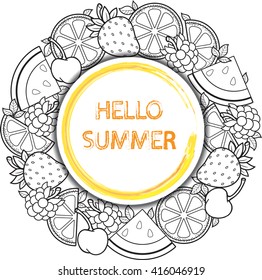 Hello summer. Fruits vector round frame.Isolated elements. Watermelon, cherry, raspberry, blueberry, strawberry, orange, lemon, and lime
