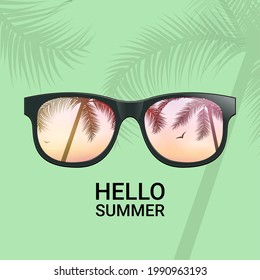 Hello summer fun background concept. Vector sunglass beach palm vacation design illustration