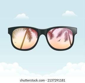 Hello summer fun background concept. Vector sunglass beach palm vacation design illustration